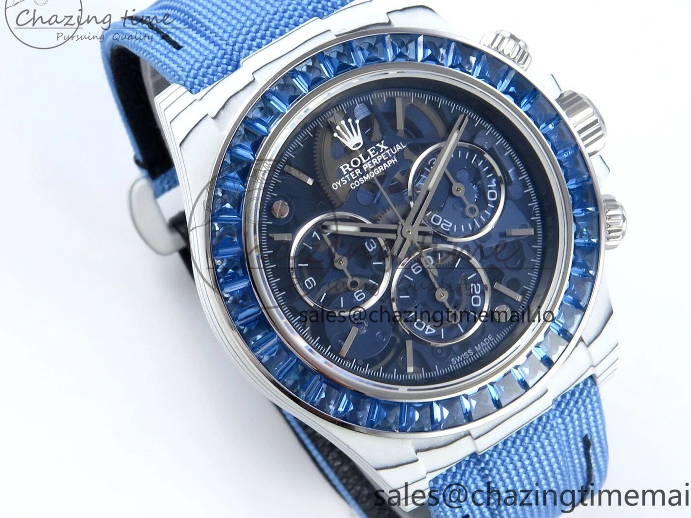 0501 Daytona ZIF REMOULD White Carbon GETF Best Edition Blue Skeleton Dial Blue Diamonds Bezel on Blue Nylon Strap DD Fashionable 366